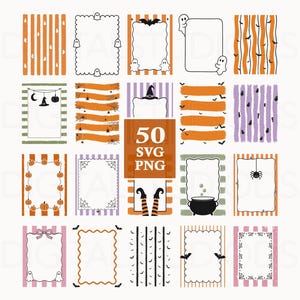 May include: A collection of 50 rectangular digital frames and backgrounds featuring Halloween motifs like ghosts, pumpkins, bats, spiders, witch hats, and cauldrons in orange, purple, black, and white. The text 50 SVG PNG is centred.