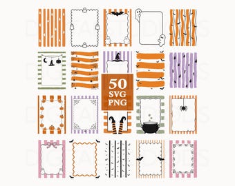May include: A collection of 50 rectangular digital frames and backgrounds featuring Halloween motifs like ghosts, pumpkins, bats, spiders, witch hats, and cauldrons in orange, purple, black, and white. The text 50 SVG PNG is centered.