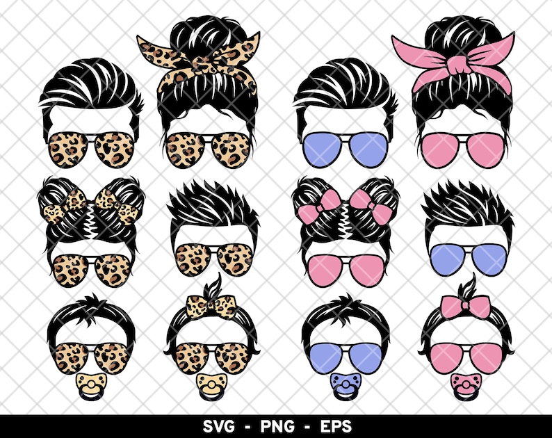 May include: A set of 10 digital cut files featuring various styles of people wearing sunglasses. The designs include a mom with a messy bun, a dad with a beard, a girl with pigtails, a boy with spiky hair, and a baby with a pacifier. The sunglasses are in various colors and patterns, including leopard print, pink, and blue.