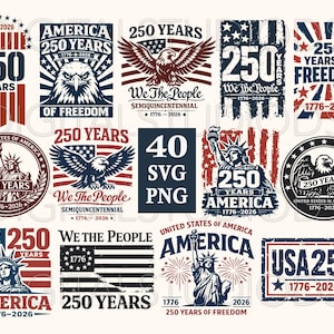 Op de afbeelding: Verzameling van patriottische ontwerpen die 250 jaar Amerikaanse vrijheid vieren. De ontwerpen tonen het Vrijheidsbeeld, adelaars en de Amerikaanse vlag, met de teksten "America", "250 Years" en "We The People."