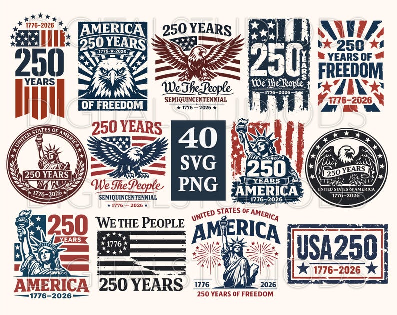 May include: Collection of patriotic designs celebrating 250 years of American freedom. The designs feature the Statue of Liberty, eagles, and the American flag, with text that reads "America," "250 Years," and "We The People."