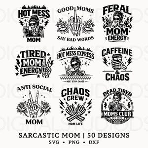 SVG-Bundle „Sarkastische Mama“, „Lustige Mama“ (SVG), „Chaos-Mama“ (PNG), „Wilde Mama“ (SVG), „Mama-Leben“ (SVG), „Chaos-Mama“ (SVG), Cricut-Shirt-Design