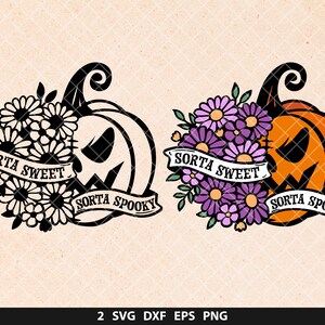 Pode incluir: Duas ilustra&ccedil;&otilde;es de ab&oacute;boras em preto e branco e laranja e roxo com flores e faixas que dizem "Sorta Sweet" e "Sorta Spooky".