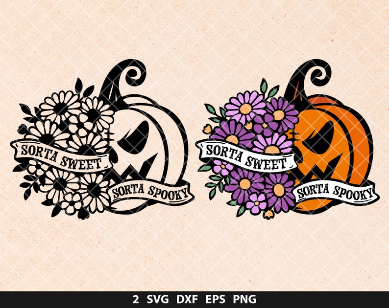 Pode incluir: Duas ilustra&ccedil;&otilde;es de ab&oacute;boras em preto e branco e laranja e roxo com flores e faixas que dizem "Sorta Sweet" e "Sorta Spooky".