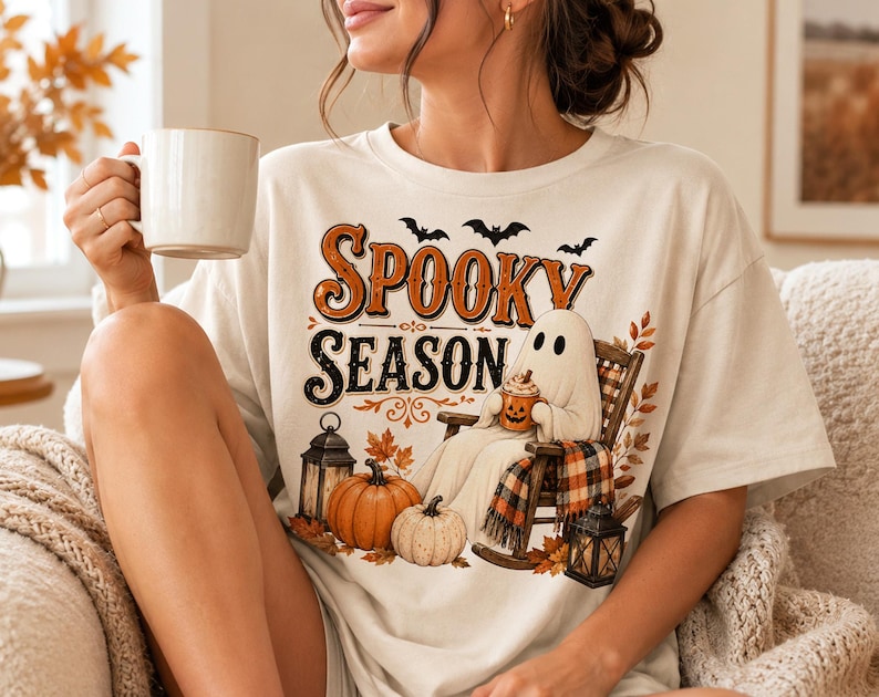 Op de afbeelding: Een cr&egrave;mekleurig t-shirt met een grafische print met de tekst "SPOOKY SEASON" in oranje en zwart. Het ontwerp bevat een geest in een schommelstoel, pompoenen, lantaarns, herfstbladeren en vleermuizen. De geest houdt een kleine mok vast.