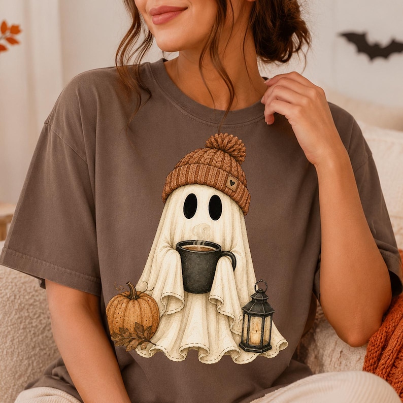 Puede incluir: Una camiseta de manga corta de color marr&oacute;n oscuro con el gr&aacute;fico de un fantasma blanco que lleva un gorro de punto marr&oacute;n, sostiene una taza de caf&eacute; negra y est&aacute; junto a una calabaza naranja y un farol negro con luz interior.