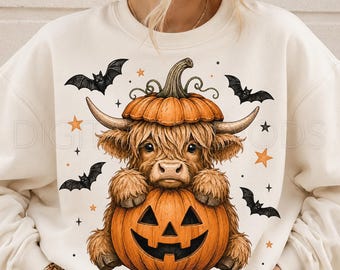 Highland Cow Halloween PNG, Pumpkin Cow PNG, Cute Spooky Highland Cow Sublimation Design, Halloween Cow Shirt Graphic