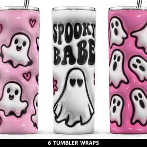 May include: Six pink and white tumbler wraps with a spooky theme. The wraps feature ghosts, hearts, and the text "Spooky Babe".