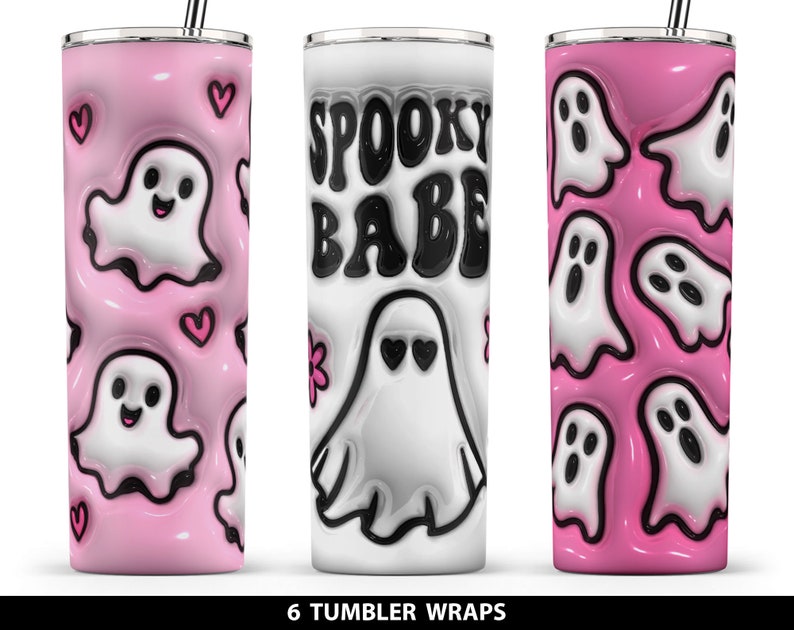 May include: Six pink and white tumbler wraps with a spooky theme. The wraps feature ghosts, hearts, and the text "Spooky Babe".
