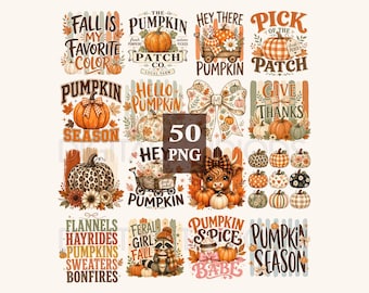 May include: A collection of 50 digital PNG designs featuring autumn themes, including pumpkins, fall foliage, a raccoon, a highland cow, and text such as Fall Is My Favorite Color, Pumpkin Season, and Give Thanks, all in orange, brown, and cream tones.