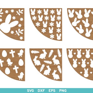 May include: Six digital cut files for corner designs featuring Easter themes. The designs include bunnies, eggs, crosses, chicks, and flowers. The designs are in a brown woodgrain background with white cutouts.