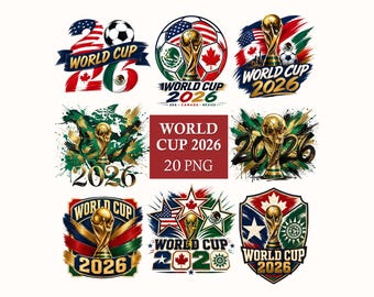 May include: A collection of nine digital graphic designs featuring the World Cup 2026 theme. The images include the gold trophy, footballs, and the flags of the USA, Canada, and Mexico, with text reading World Cup 2026 and 20 PNG.