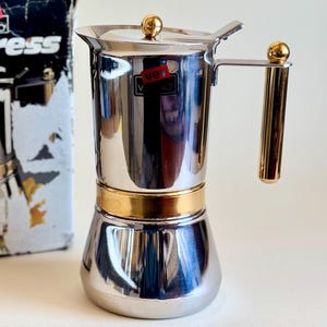 Vintage Moka Pot voor op het fornuis "Vespress", met magnetische bodem (voor inductie), van roestvrij staal, vervaardigd door Vev Viganò, jaren 80, gemaakt in Italië