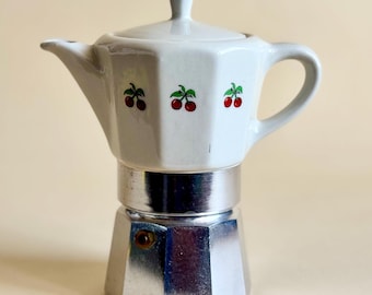 Vintage Stovetop Moka Pot"Flory Express", in Aluminum and Porcelain, 60s, Made in Italy, Collectible Coffee Maker (3 cups espresso)