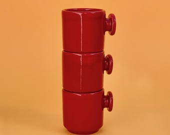 Set of 3 Espresso Cups, in Red Ceramic, Produced by Pareschi Laveno, 70s, Made in Italy, Italian Artistic Ceramics