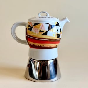 RARE Vintage "Espressina" Stovetop Moka Pot (for Induction), in Stainless Still and Porcelain, Manufactured "D'ANCAP", Made in ITALY