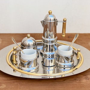 Vintage "Kontessa" Coffee Serving Set for 2: Coffee Maker, Sugar Bowl, Tray and 2 cups; in Stainless Steel, 80s, Vev Viganò, Made in Italy