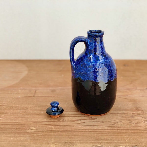 Vintage Carafe, in Blue and Black Glazed Ceramic, with Cap (Not Hermetic Closure), Decoration Bottle, Gift for New Home
