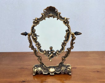 Vintage Dresser Mirror, in Baroque Stile, Table Mirror with Brass Frame, Psyche mirror, Tilting Vanity mirror, Vintage Rococo Style Mirror