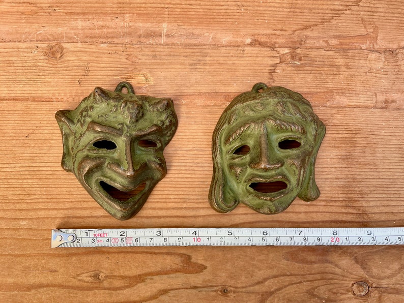 Set of 2 Small Vintage Greek Theater Wall Masks, in Brass, Greek