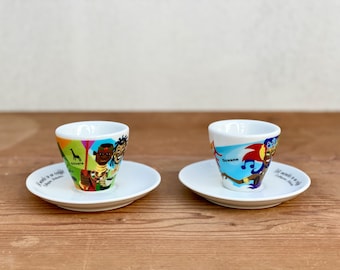 Set of 2 Vintage Espresso Cups and Saucers, in Porcelain, Manufactured by I.P.A, Made in Italy, 90s, Collectible Espresso Cups "Mokador"