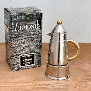 Cafetière italienne vintage « Opera », en inox, avec boîte, années 80, fabriquée en Italie, cafetière de collection - 4 tasses