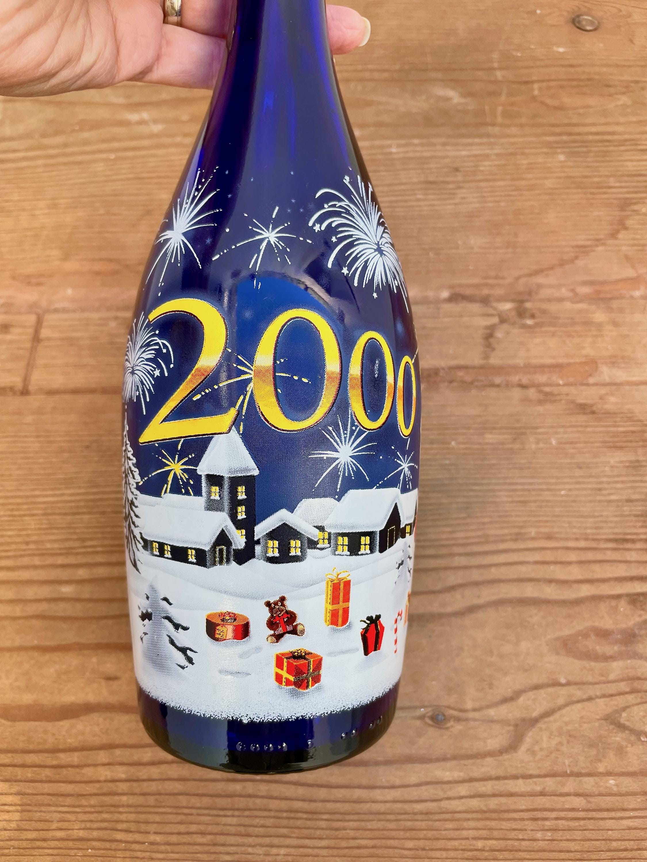 EMPTY Vintage Bottle, in Blue Glass, with Christmas Painted, Holiday Decor, Collectible Bottle, Decoration Bottle, Height: 11.5" ( 29 cm )