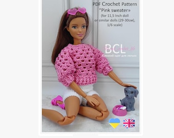Crochet Pink Doll Sweater Pattern for 11.5 Inch Dolls, 1:6 scale (PDF Pattern, UA+EN)
