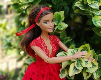 Crochet Red Party Dress for 11.5 inch Dolls: 1/6 Scale