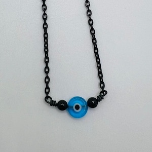 Black tourmaline Evil eye necklace. Black stainless steel protection jewelry