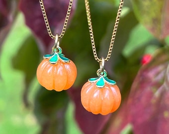 Crystal Pumpkin Gold Necklace, minimalistic cottagecore fall style jewelry. Sterling silver. Halloween, spooky season, thanksgiving, autumn