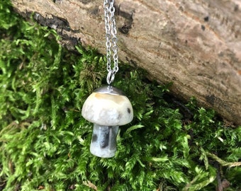 Crazy lace agate mushroom necklace stainless steel 18”