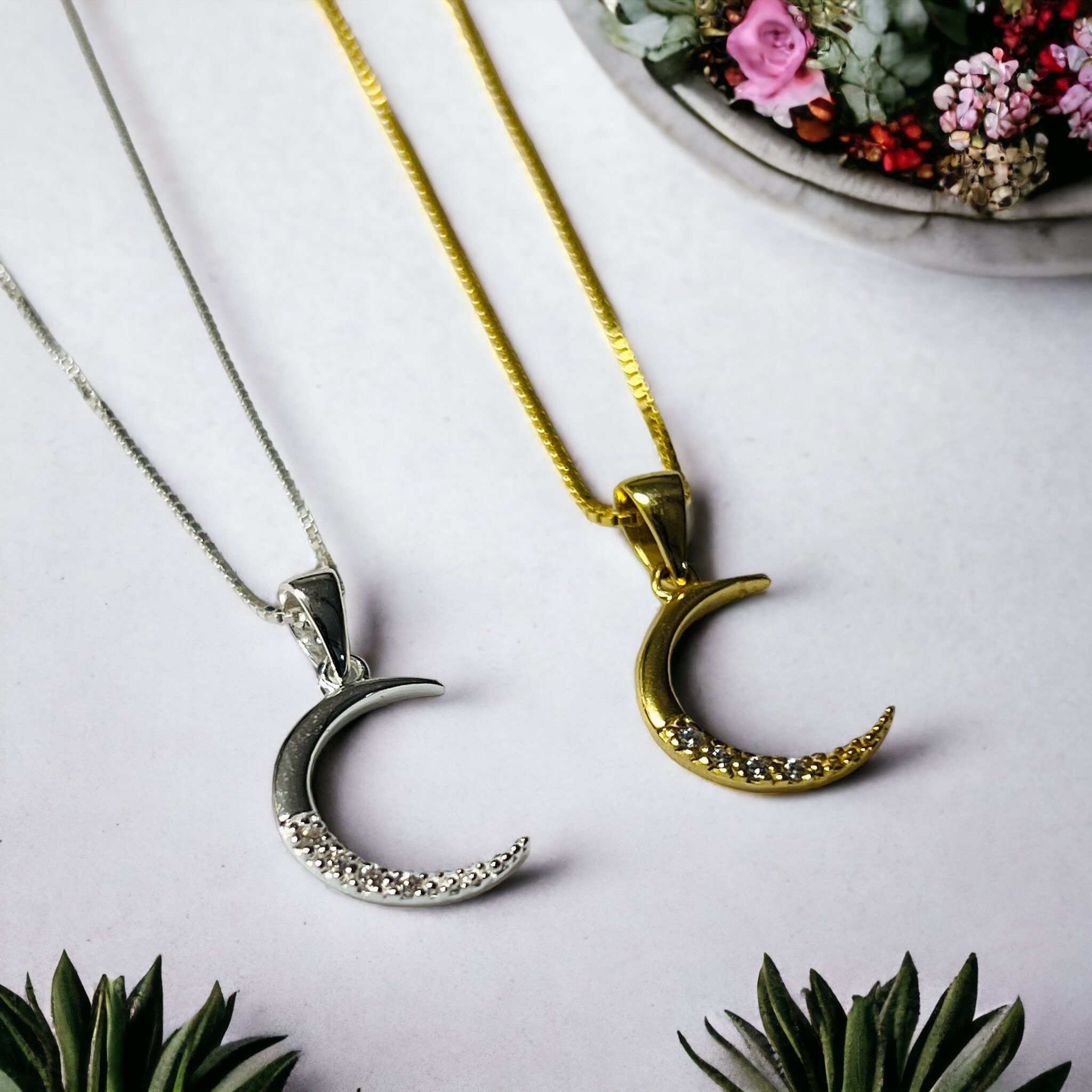 Sterling Silver Gold Crescent Moon Pendant Necklace