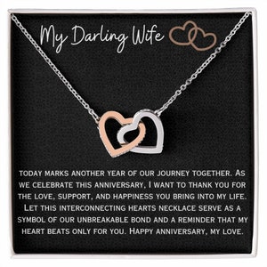 Regalo de aniversario de esposo a esposa. Collar de corazón entrelazado con mensaje sentimental. Joya de cristal con acabado dorado, regalo para esposa.