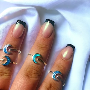 Opal Celestial Sterling Silver Ring, Birthday gift moon star blue opal ring in silver or 14k gold fill,US 8 adjustable