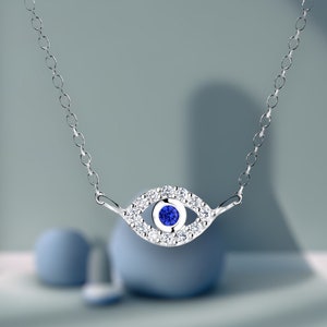 Sapphire Evil Eye Sterling Silber Halskette. Zierliche einfache Zirkonia & Sapphire Evil Eye Schmuck. Minimalistischer Stil 18 Zoll