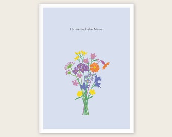 Muttertagskarte mit Blumenstrauß und Text "Für meine liebe Mama" samt Briefumschlag