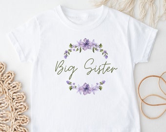 children's clothing: Big sister Tshirt, baby announcement, personalised gift siblings, pregnancy reveal, kids tee, wreath T-shirt,new sister