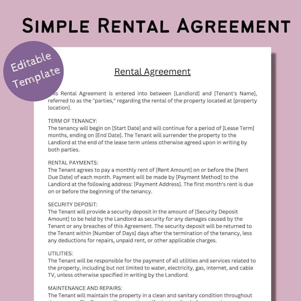 Rental Lease Agreement Etsy
