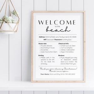Znak powitalny Beach House, szablon do edycji wynajmu wakacyjnego, znak do wydrukowania dla gospodarza Airbnb, wynajem VRBO Beach, zasady dotyczące condo, zasady domowe