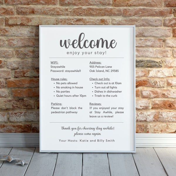 Welcome Sign for Airbnb Hosts, Vacation Rental Printable, Host Template for VRBO, Beach House Rules, Wifi Password, Editable Airbnb Sign