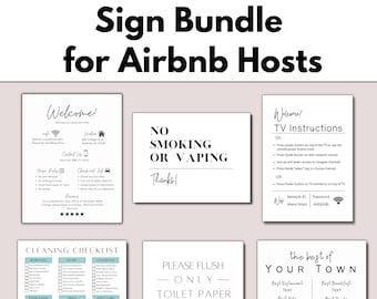 May include: A set of six printable signs for Airbnb hosts. The signs include a welcome sign, a no smoking or vaping sign, a TV instructions sign, a cleaning checklist, a please flush only toilet paper sign, and a the best of your town sign.