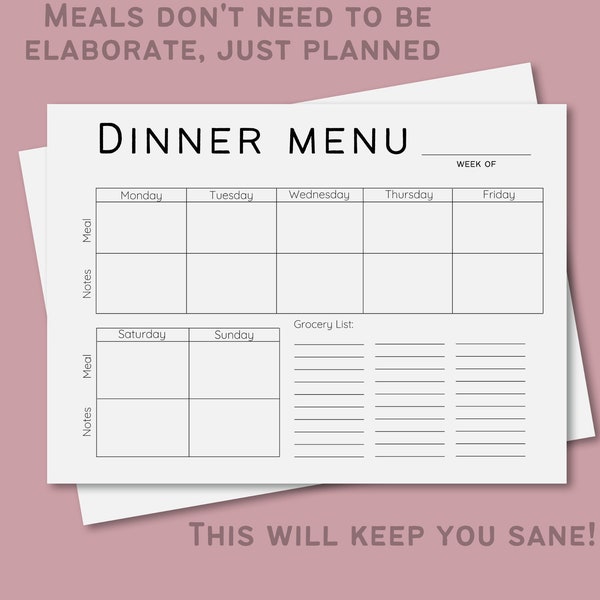 Weekly Menu Plan Template, Weekly Menu Printable, Dinner Plan PDF, Meal Plan with Grocery List, Printable Menu Plan, Minimalist Dinner Plan