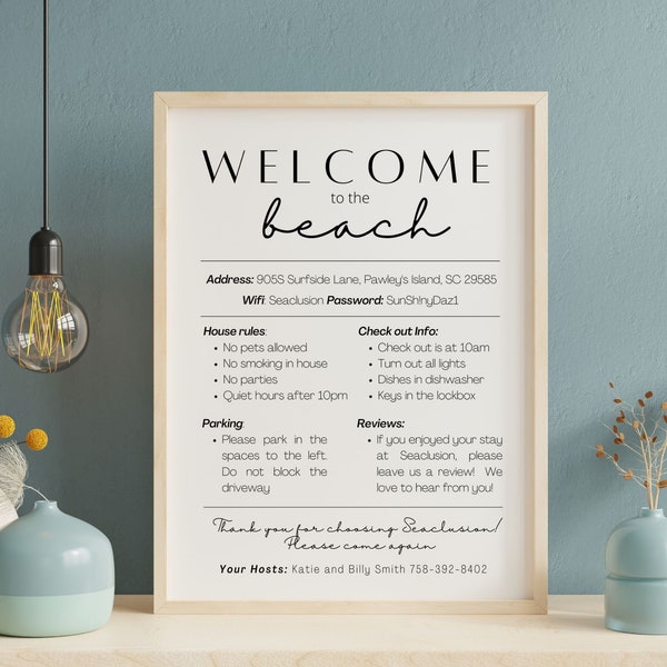 Signo de bienvenida de Beach House, plantilla editable de alquiler vacacional, signo imprimible para el anfitrión de Airbnb, alquiler de playa VRBO, reglas de condominio, reglas de la casa