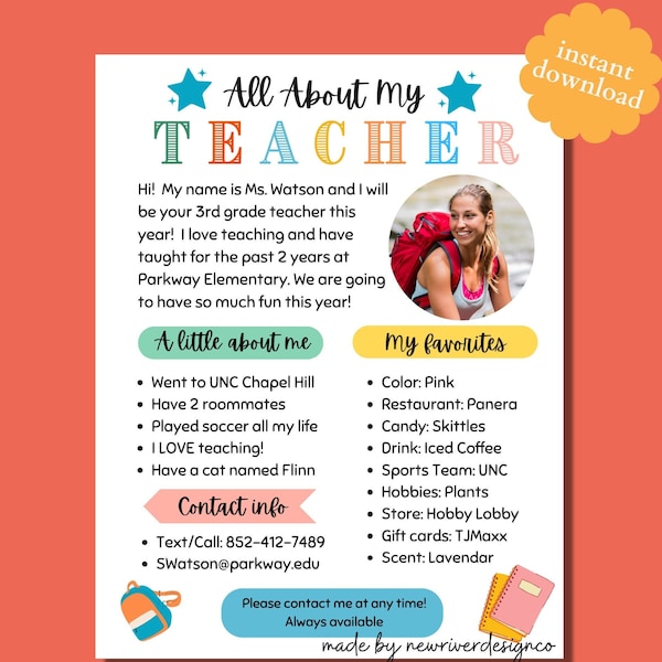 Teacher Get to Know Template Etsy