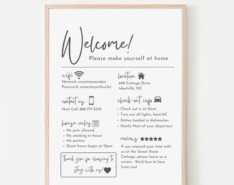 Welcome Sign for Airbnb Hosts, Vacation Rental Printable, Guest Arrival Poster, Template for VRBO, Things to Know, Beach House Rules, Wifi