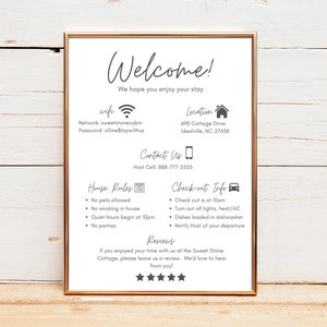 Welcome Sign for Airbnb Hosts, Vacation Rental Printable, Editable Template, Guest Arrival Poster, House Rules, Wifi Password, Sign for VRBO