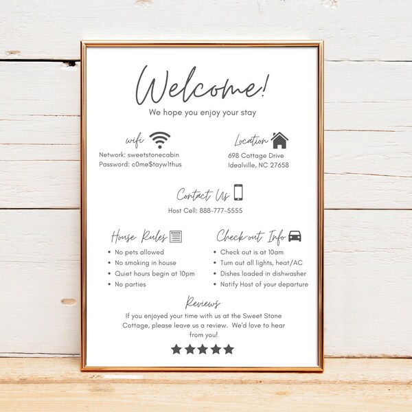 Welcome Sign for Airbnb Hosts, Vacation Rental Printable, Editable Template, Guest Arrival Poster, House Rules, Wifi Password, Sign for VRBO