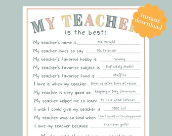 Personal Teacher Appreciation Gift, Printable Teacher Thank You, End of School Gift for Teacher, Fillable Teacher Appreciation Print PDF