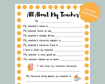 Teacher Questionnaire Printable: Thank You Gift, End of Year (Digital Download)